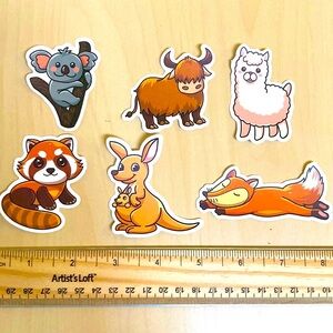 5 for $10: 6 WATERPROOF Chill Friends Stickers  🐨 🦘 🦊 🦙